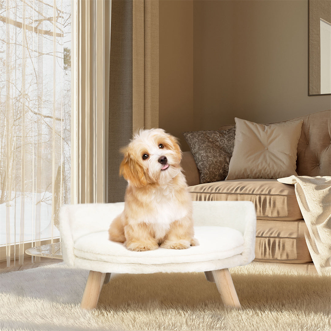 Circular Pet Bed with Solid Wood Legs, Plush Fabric, and Waterproof Cushion