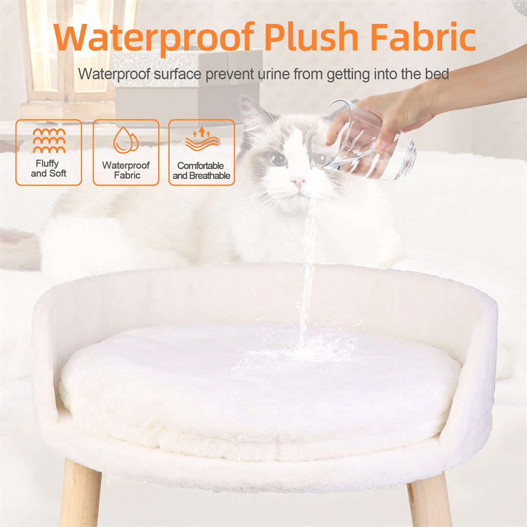 Circular Pet Bed with Solid Wood Legs, Plush Fabric, and Waterproof Cushion