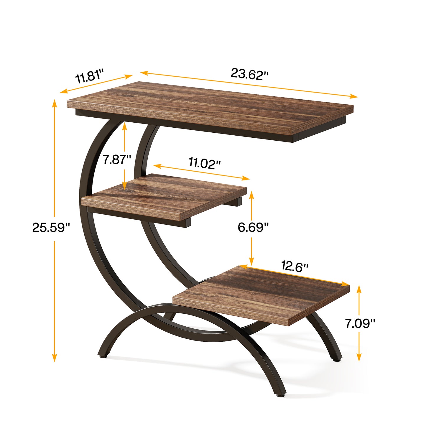 Three-Tier Metal Frame Side Table with Particleboard Shelves