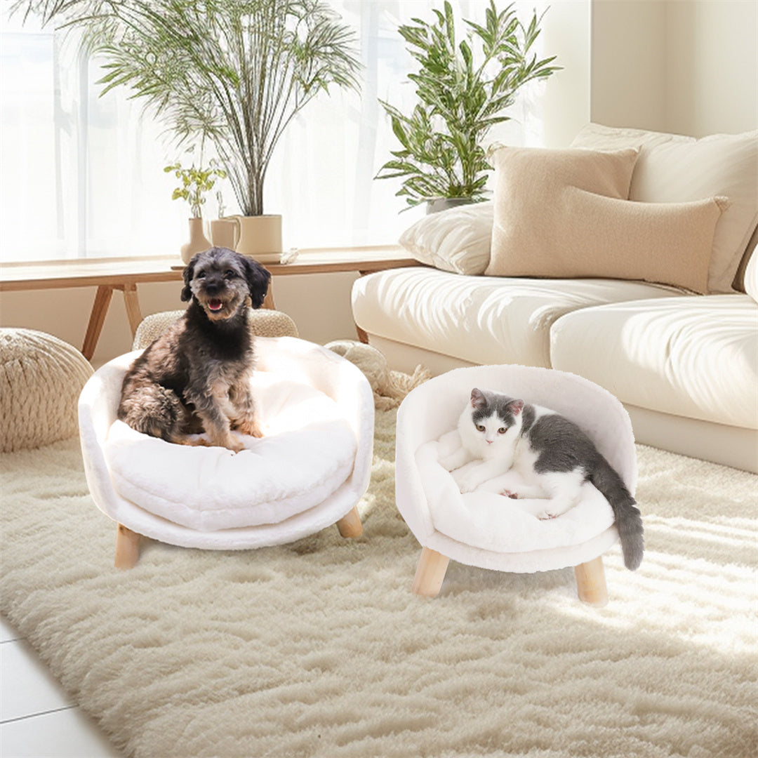 Circular Pet Bed with Solid Wood Legs, Plush Fabric, and Waterproof Cushion