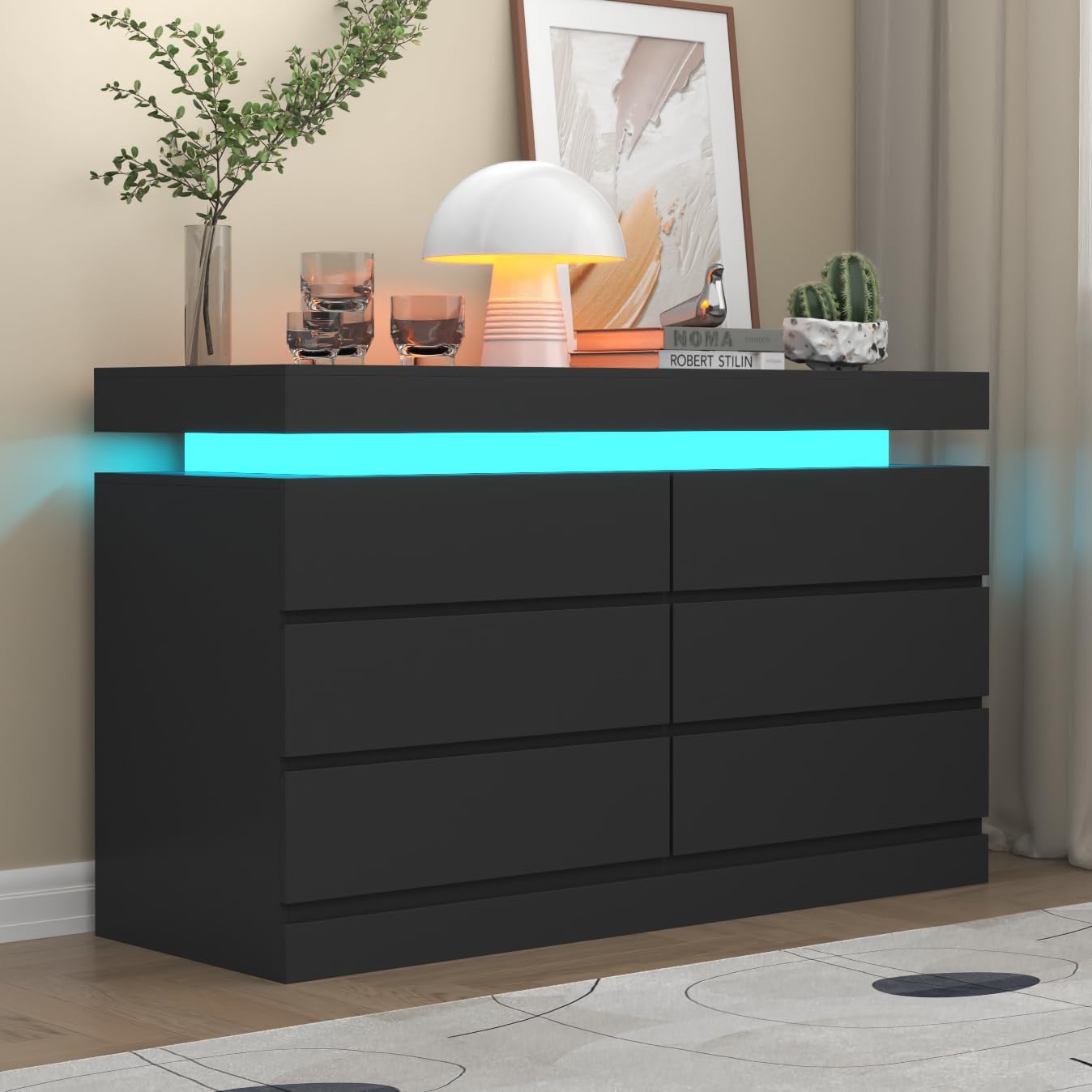 Six-Drawer Storage Unit with RGB LED Lighting and Built-In Power Outlet