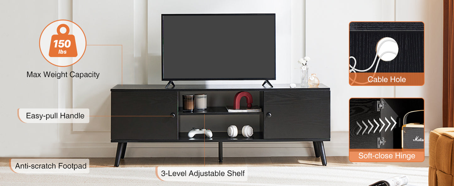 TV Stand with Adjustable Center Shelf, Soft-Close Doors, and Cable Management