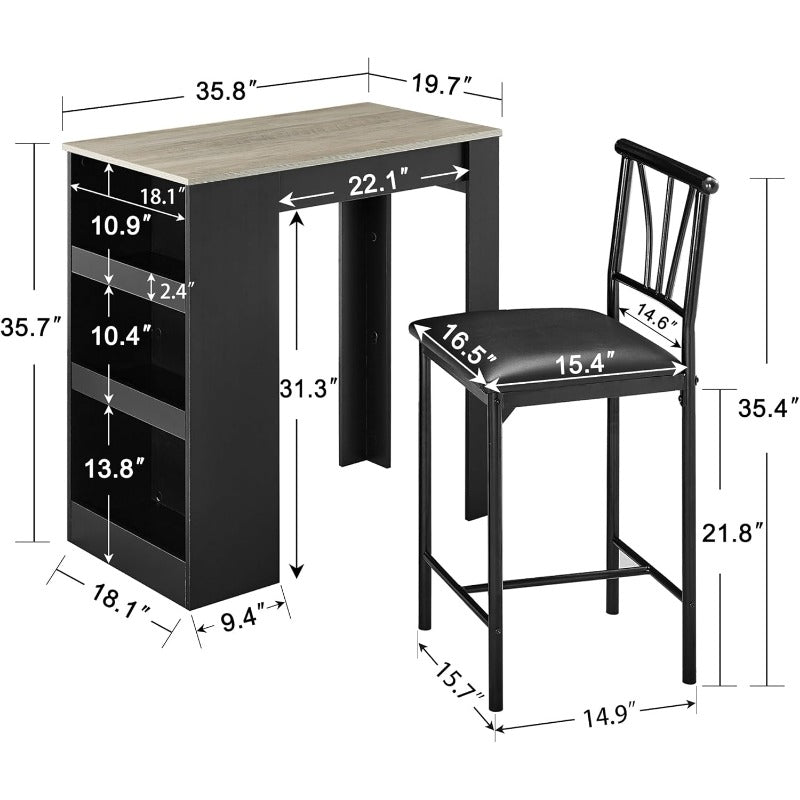Three-Piece Bar-Height Table and Stool Set with Storage Shelves