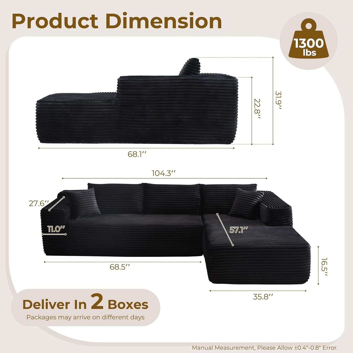Modular L-Shaped Sectional Sofa with Reversible Chaise and No-Assembly Design