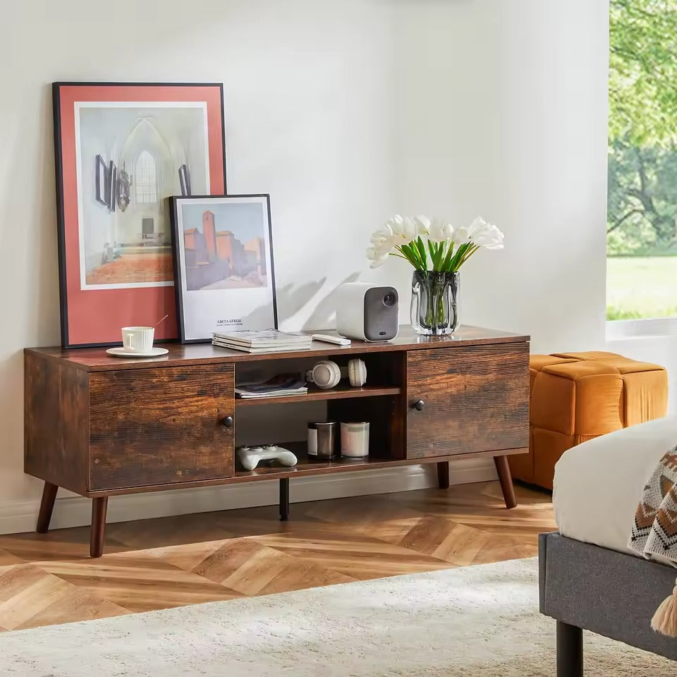 TV Stand with Adjustable Center Shelf, Soft-Close Doors, and Cable Management