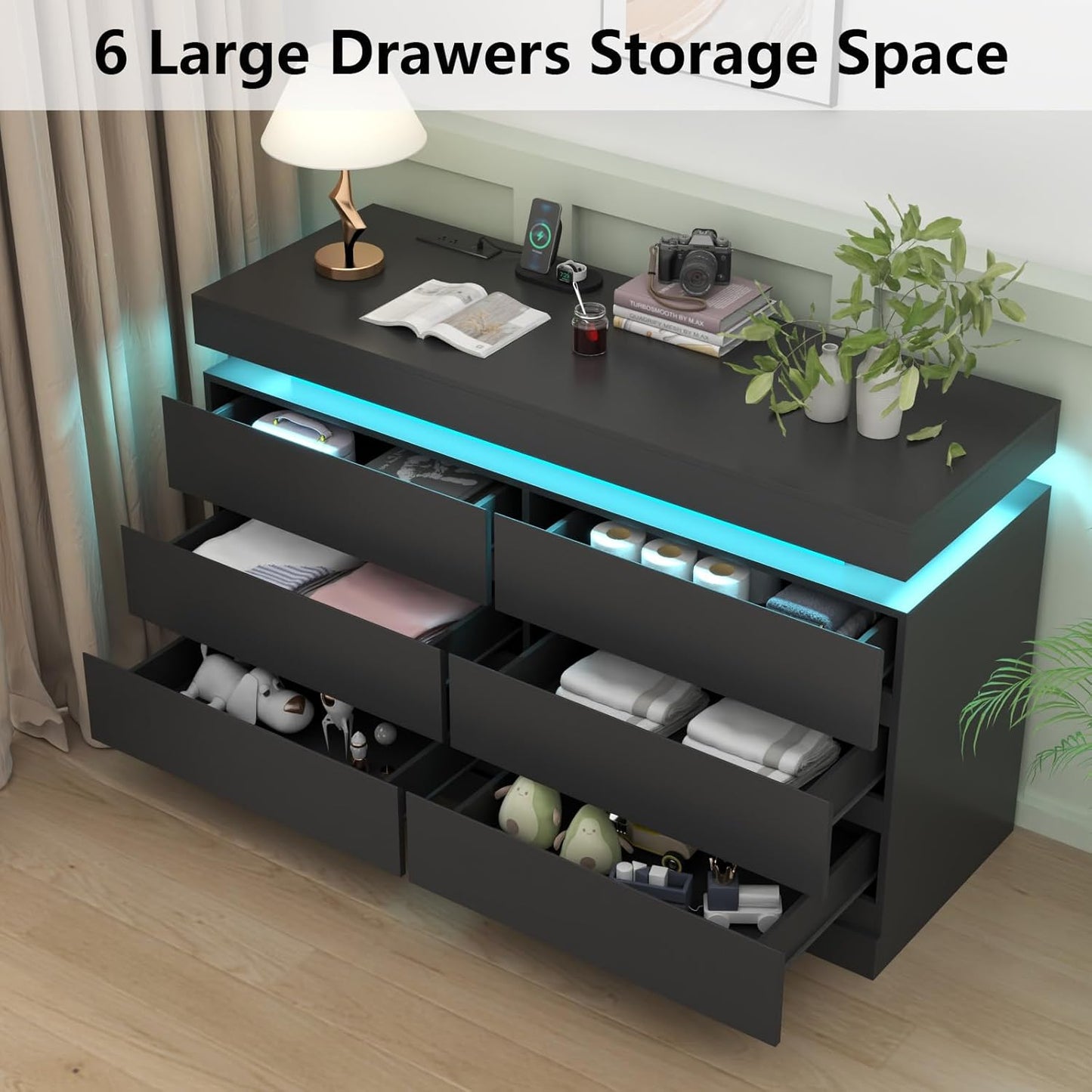 Six-Drawer Storage Unit with RGB LED Lighting and Built-In Power Outlet