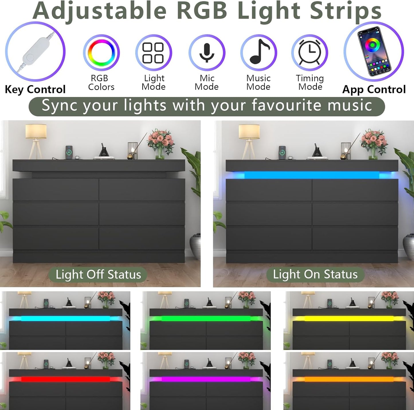 Six-Drawer Storage Unit with RGB LED Lighting and Built-In Power Outlet