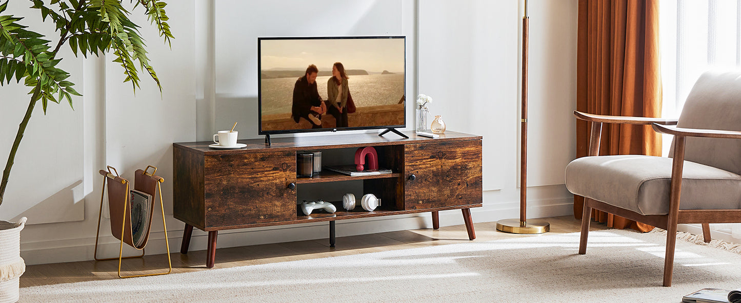 TV Stand with Adjustable Center Shelf, Soft-Close Doors, and Cable Management