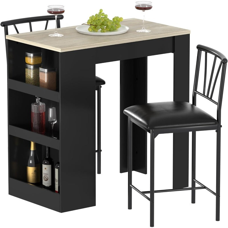 Three-Piece Bar-Height Table and Stool Set with Storage Shelves