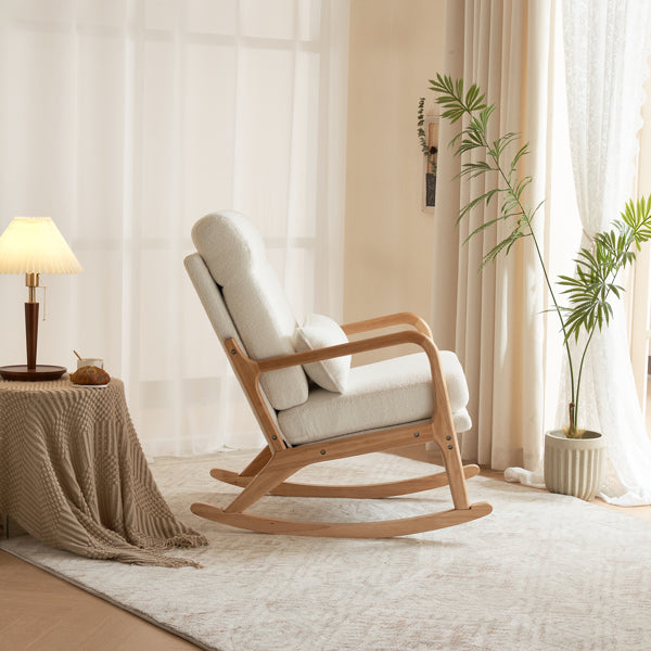 Rocking Chair with Solid Wood Frame, Teddy Fleece Cushions, and Lumbar Pillow