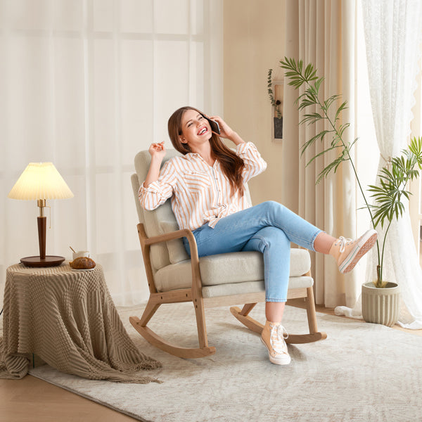 Rocking Chair with Solid Wood Frame, Teddy Fleece Cushions, and Lumbar Pillow
