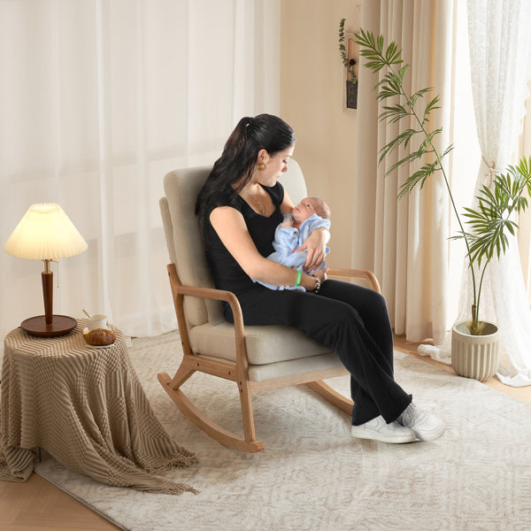 Rocking Chair with Solid Wood Frame, Teddy Fleece Cushions, and Lumbar Pillow