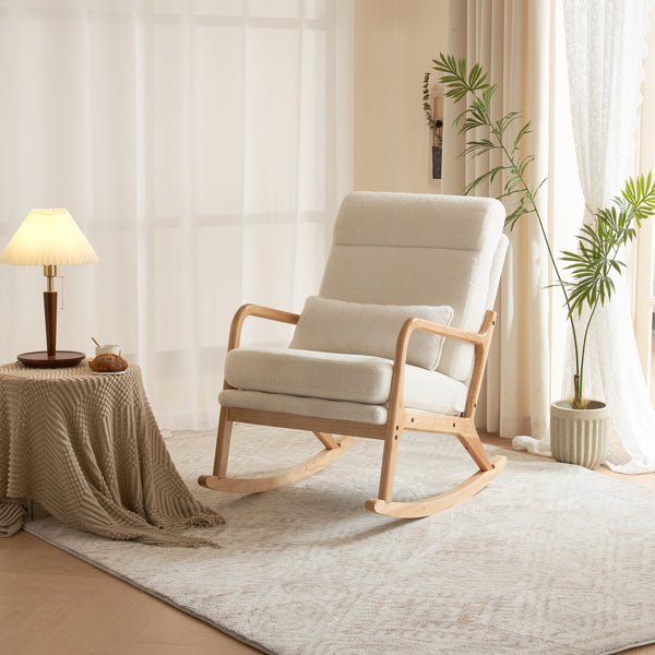Rocking Chair with Solid Wood Frame, Teddy Fleece Cushions, and Lumbar Pillow