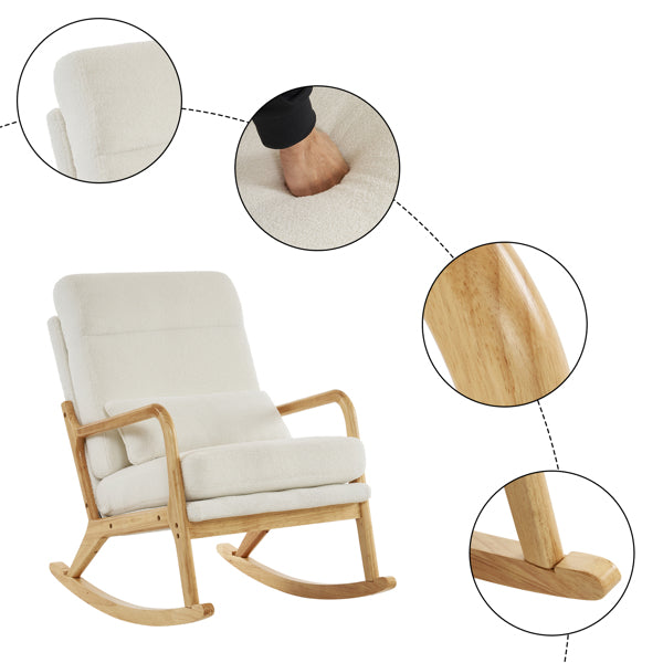 Rocking Chair with Solid Wood Frame, Teddy Fleece Cushions, and Lumbar Pillow