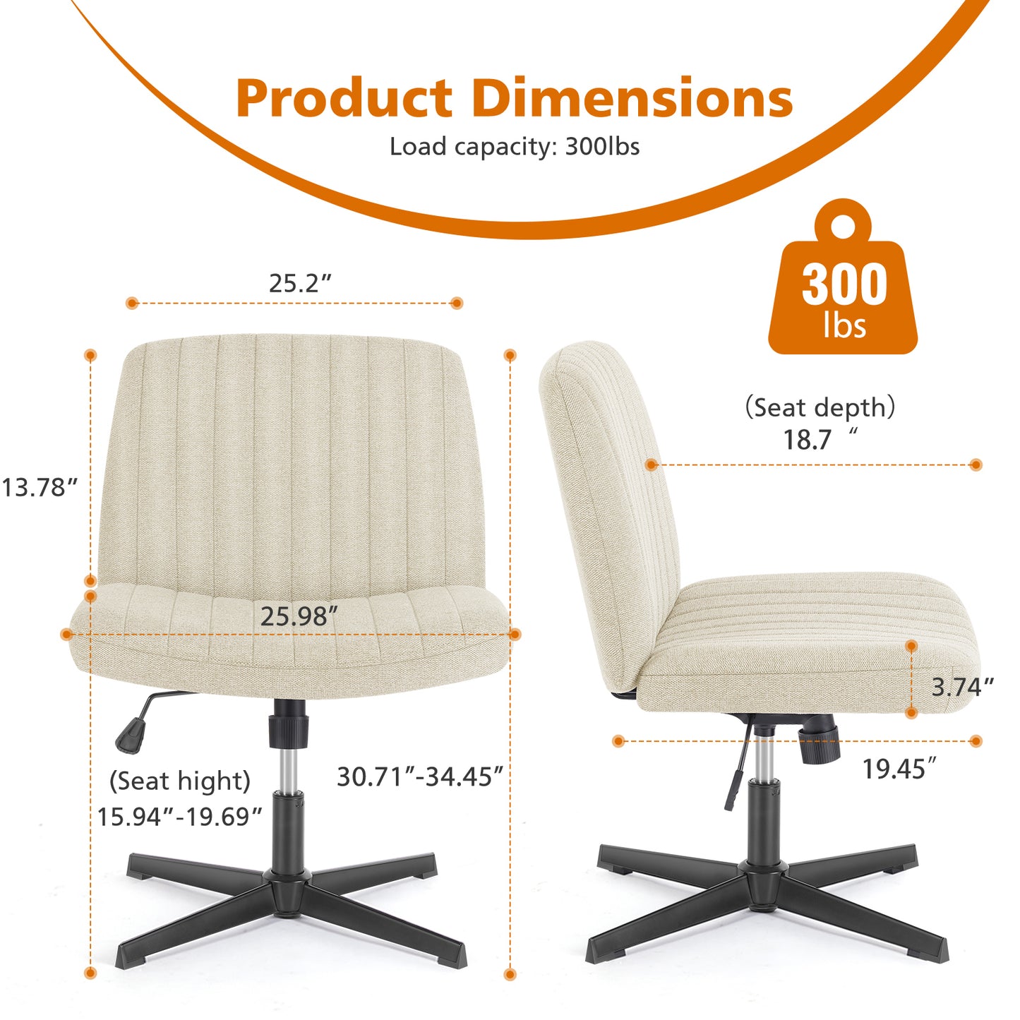 Armless Swivel Chair with Cushioned Seat and Adjustable Height