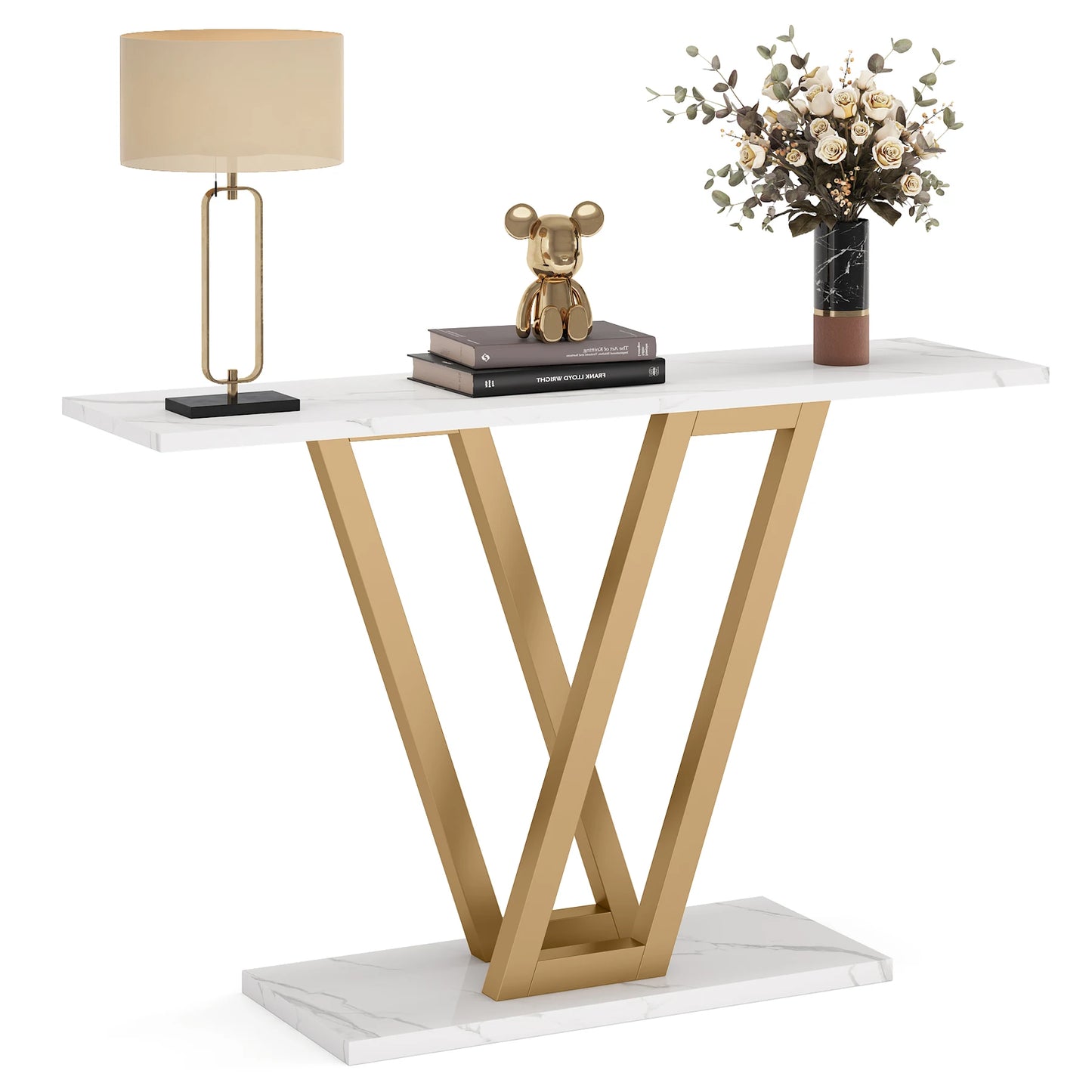 Console Table with V-Shaped Metal Frame and Rectangular Base