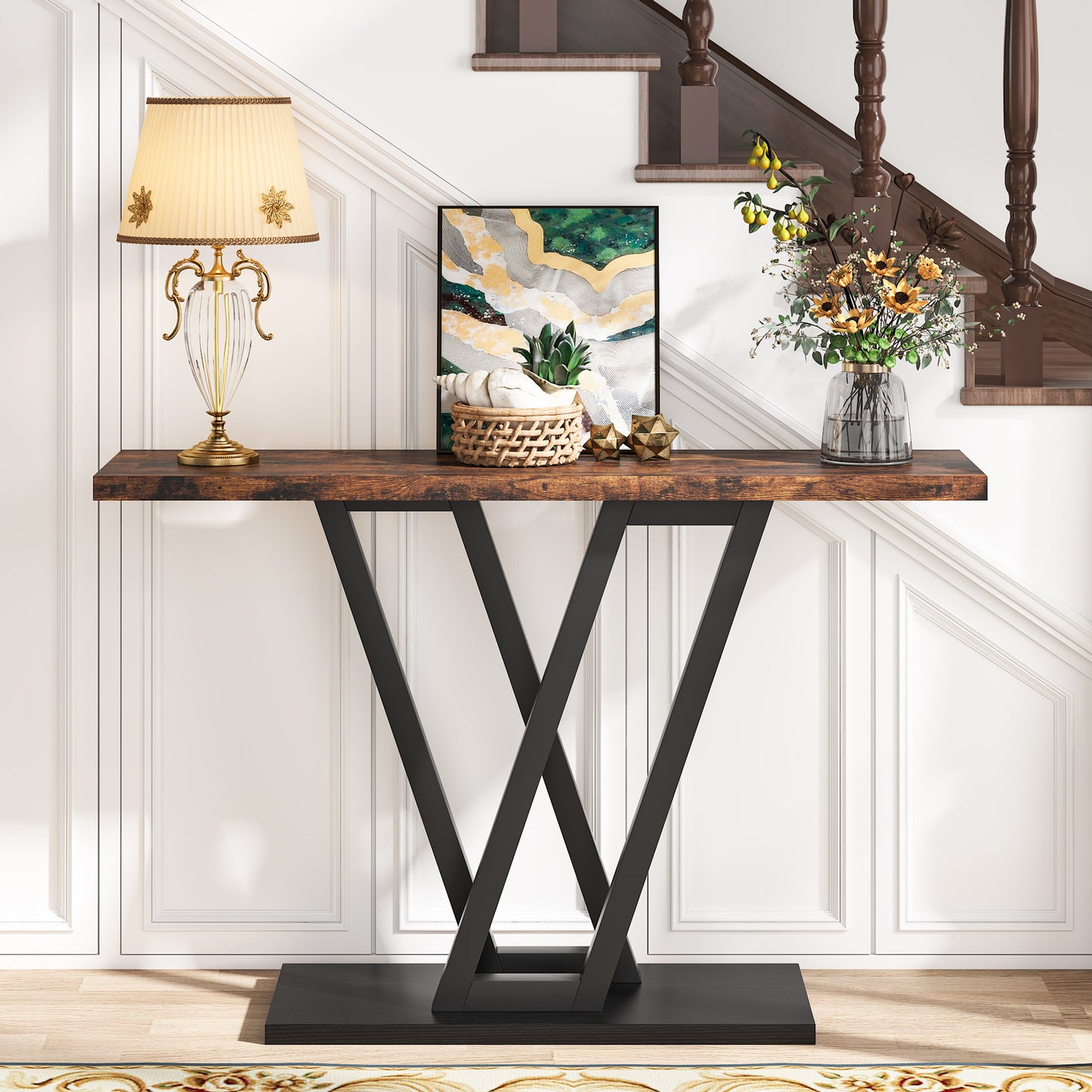 Console Table with V-Shaped Metal Frame and Rectangular Base