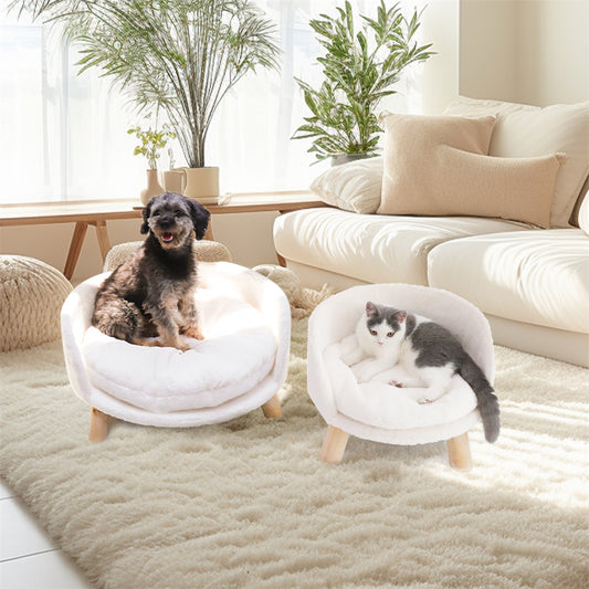 Circular Pet Bed with Solid Wood Legs, Plush Fabric, and Waterproof Cushion