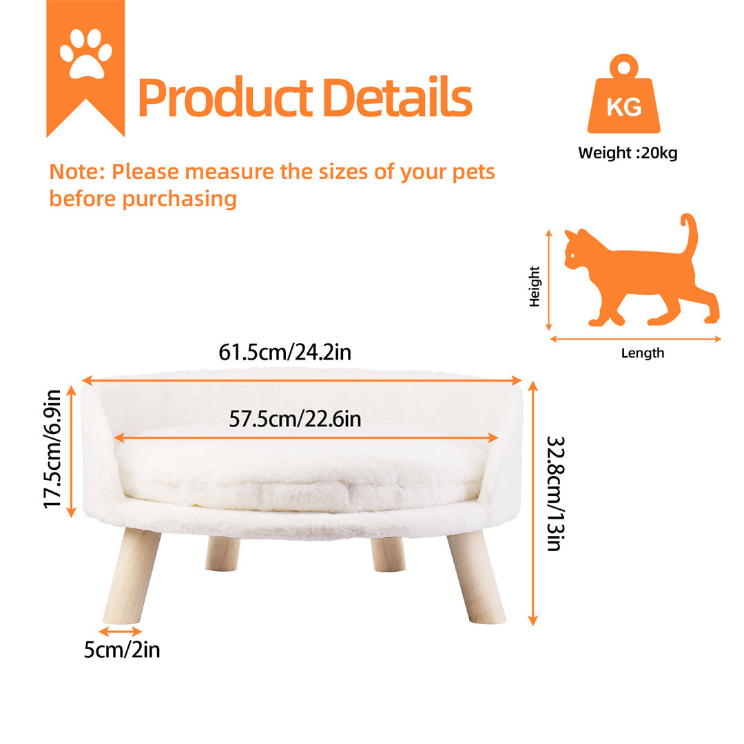 Circular Pet Bed with Solid Wood Legs, Plush Fabric, and Waterproof Cushion