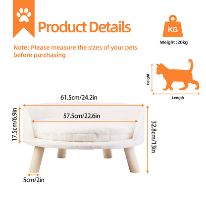 Circular Pet Bed with Solid Wood Legs, Plush Fabric, and Waterproof Cushion