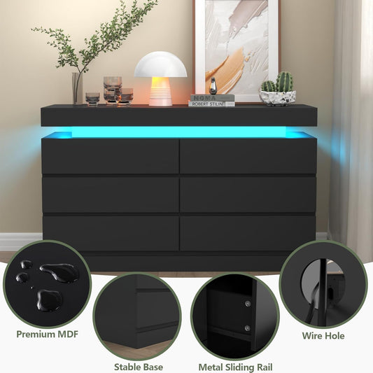 Six-Drawer Storage Unit with RGB LED Lighting and Built-In Power Outlet