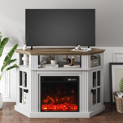 Corner TV Stand with Built-In Electric Fireplace and Glass-Paneled Cabinets