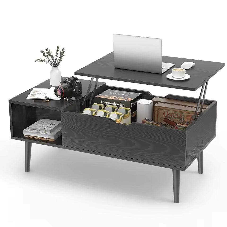 Lift-Top Coffee Table with Hidden Storage and Open Side Compartments