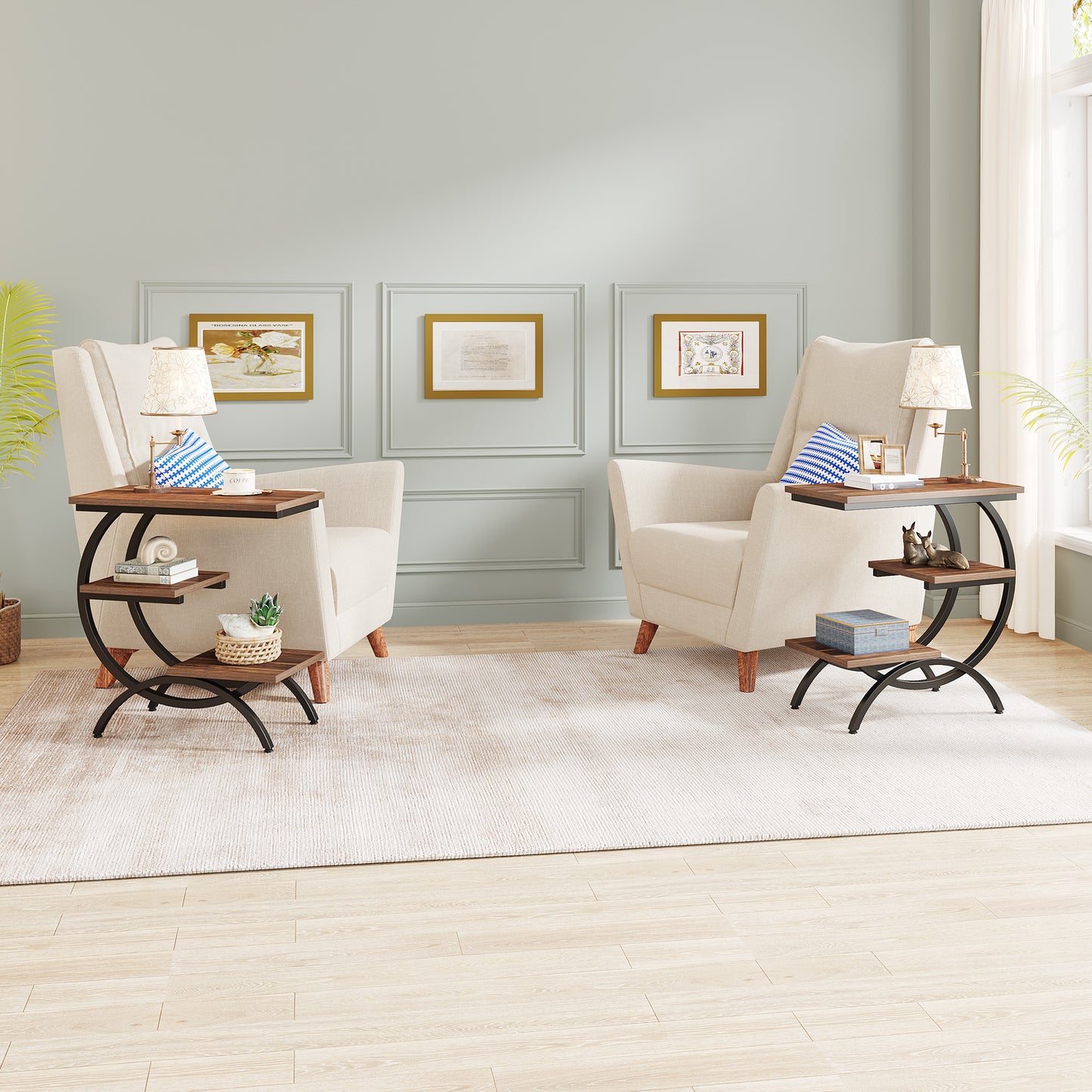 Three-Tier Metal Frame Side Table with Particleboard Shelves