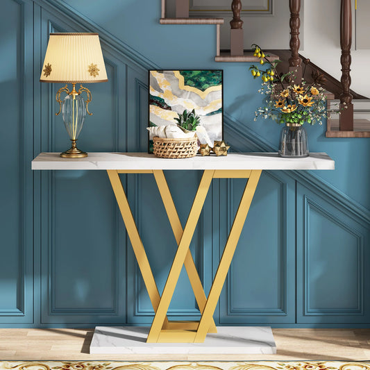 Console Table with V-Shaped Metal Frame and Rectangular Base