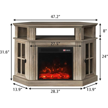 Corner TV Stand with Built-In Electric Fireplace and Glass-Paneled Cabinets
