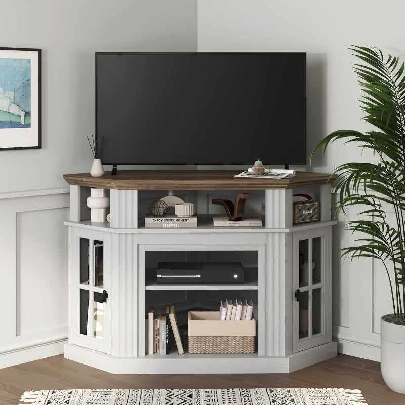 Corner TV Stand with Built-In Electric Fireplace and Glass-Paneled Cabinets