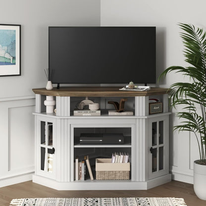 Corner TV Stand with Built-In Electric Fireplace and Glass-Paneled Cabinets