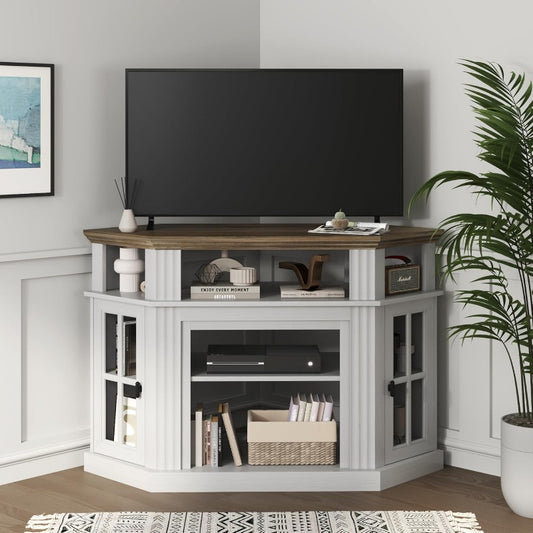 Corner TV Stand with Built-In Electric Fireplace and Glass-Paneled Cabinets