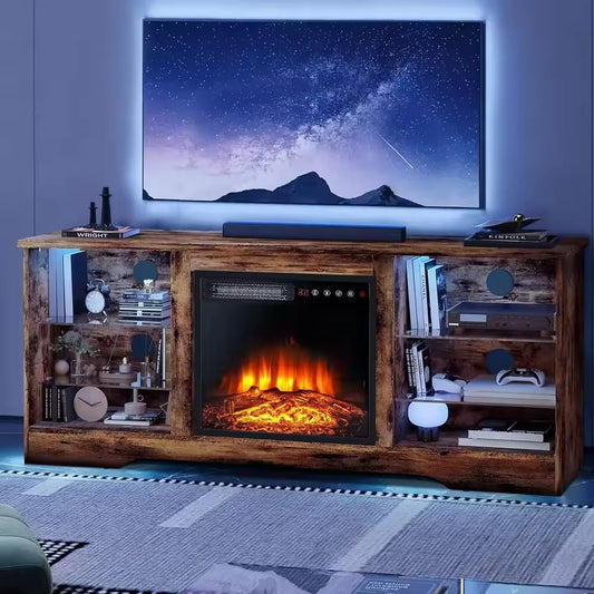 Entertainment Console with Electric Fireplace, LED Lights, and Adjustable Shelves