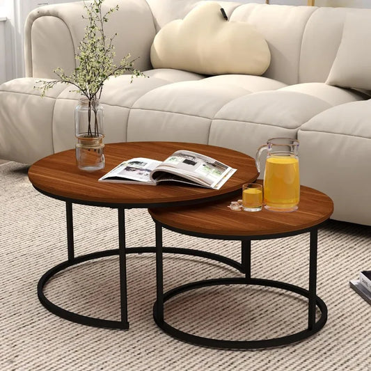 Nesting Coffee Table Set with Metal Frame and MDF Veneer Top
