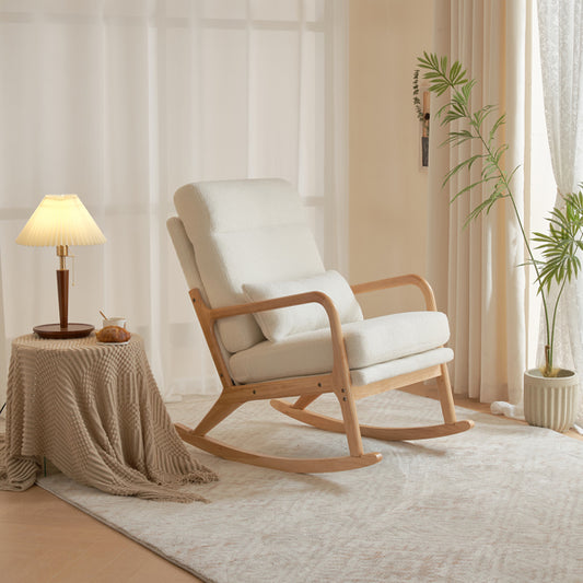 Rocking Chair with Solid Wood Frame, Teddy Fleece Cushions, and Lumbar Pillow