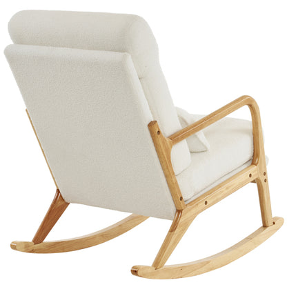 Rocking Chair with Solid Wood Frame, Teddy Fleece Cushions, and Lumbar Pillow