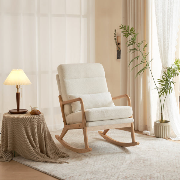 Rocking Chair with Solid Wood Frame, Teddy Fleece Cushions, and Lumbar Pillow