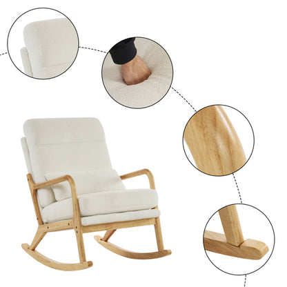 Rocking Chair with Solid Wood Frame, Teddy Fleece Cushions, and Lumbar Pillow