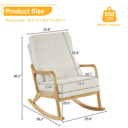 Rocking Chair with Solid Wood Frame, Teddy Fleece Cushions, and Lumbar Pillow